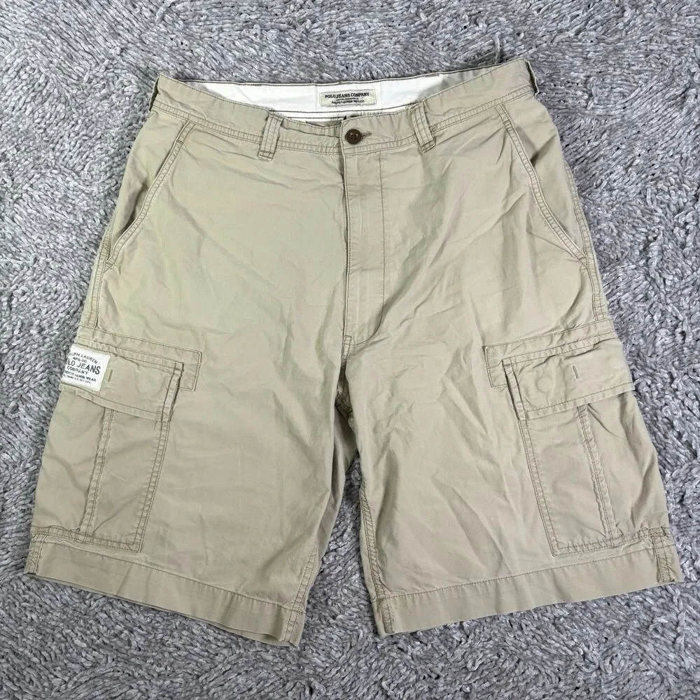 VINTAGE RL67 Ralph Lauren Cargo Shorts Mens 36 Beige Authentic Military Trousers